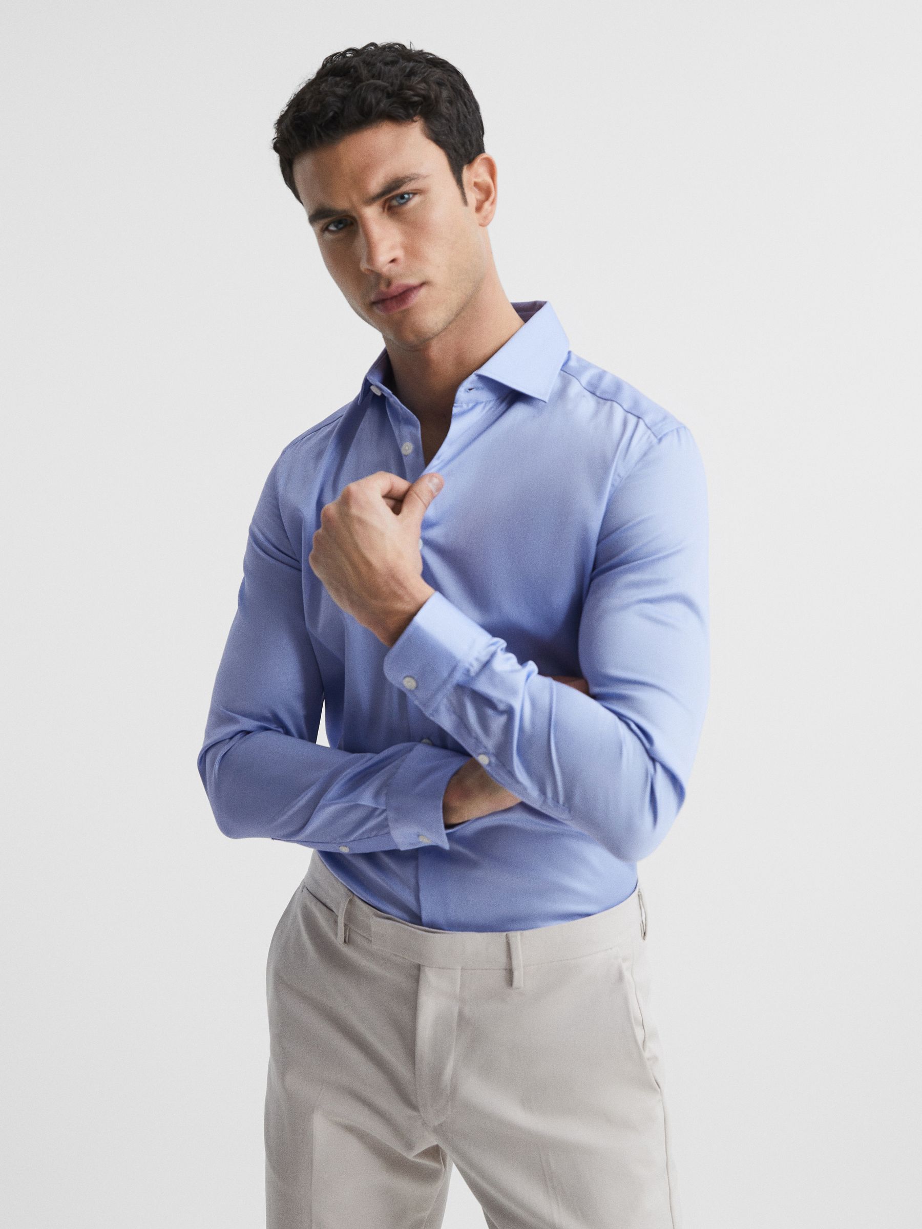Cotton Satin Slim Fit Shirt in Mid Blue REISS