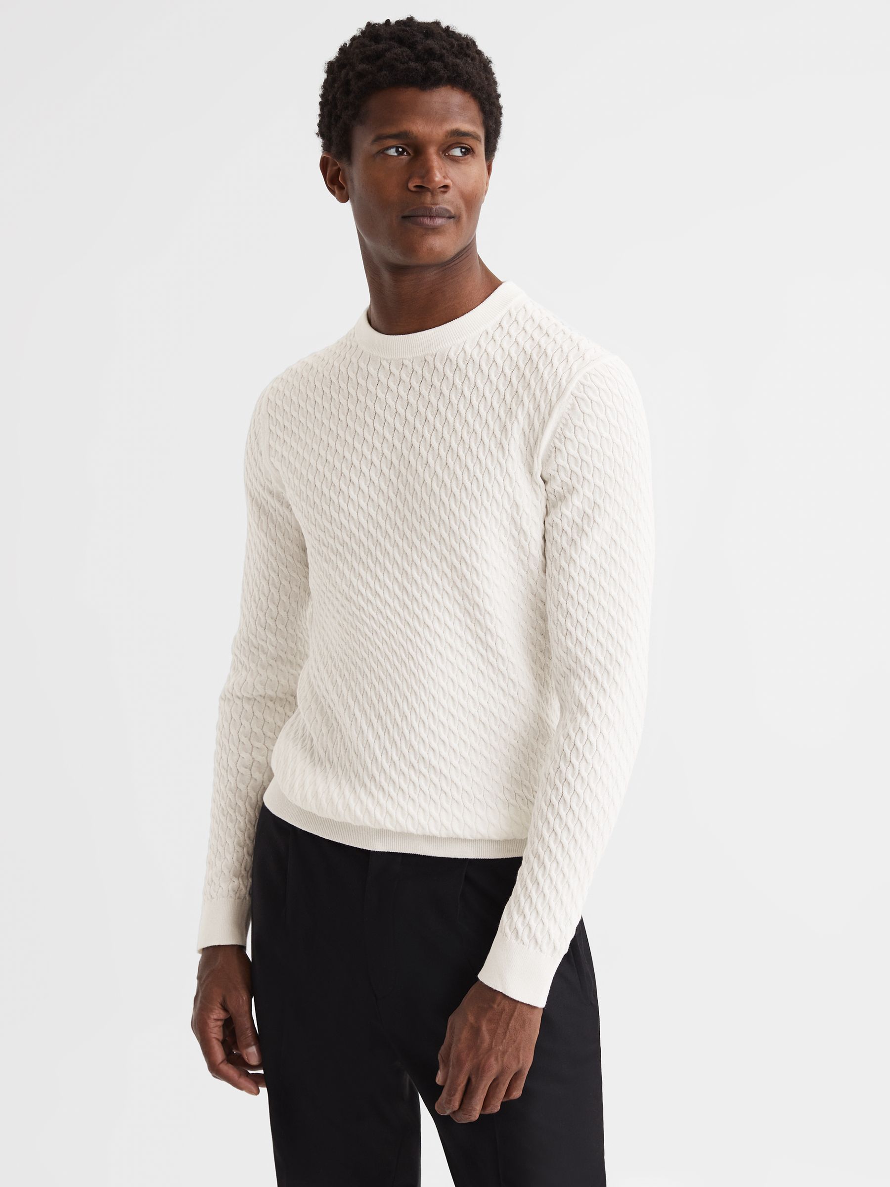 Crew Neck Cable Knit Jumper in Ivory - REISS