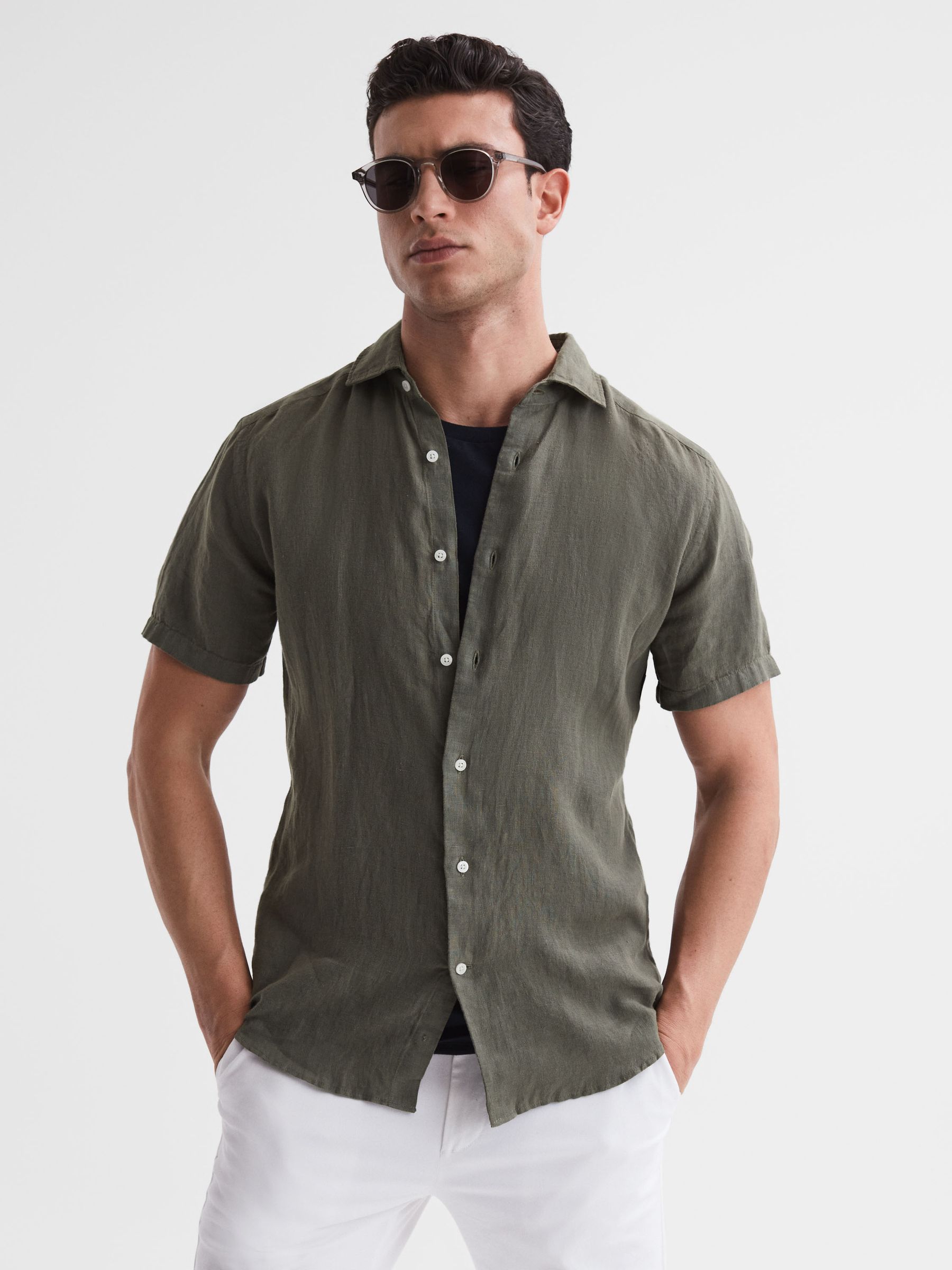 Slim Fit Linen Shirt in Olive - REISS