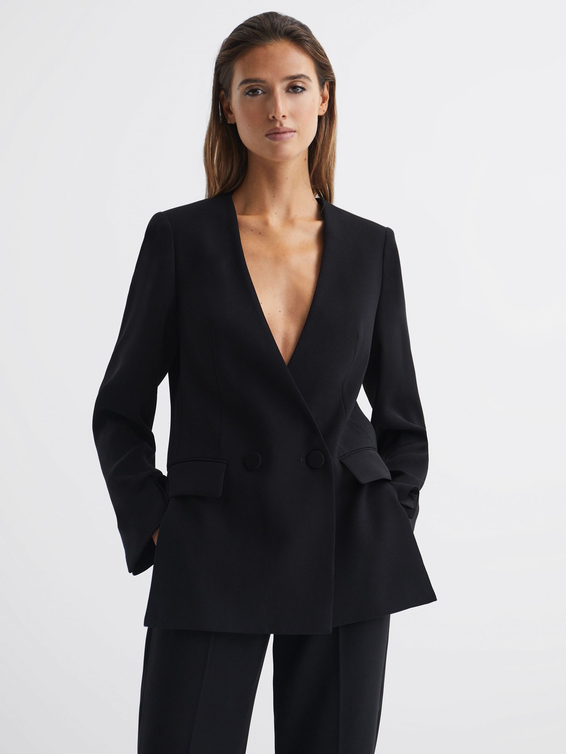 Collarless Double Breasted Suit Blazer in Black - REISS