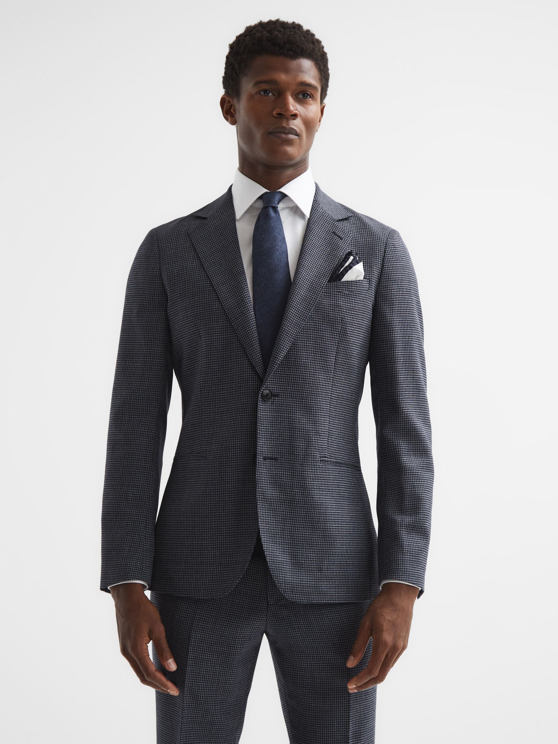 Single Breasted Dogtooth Blazer in Navy - REISS