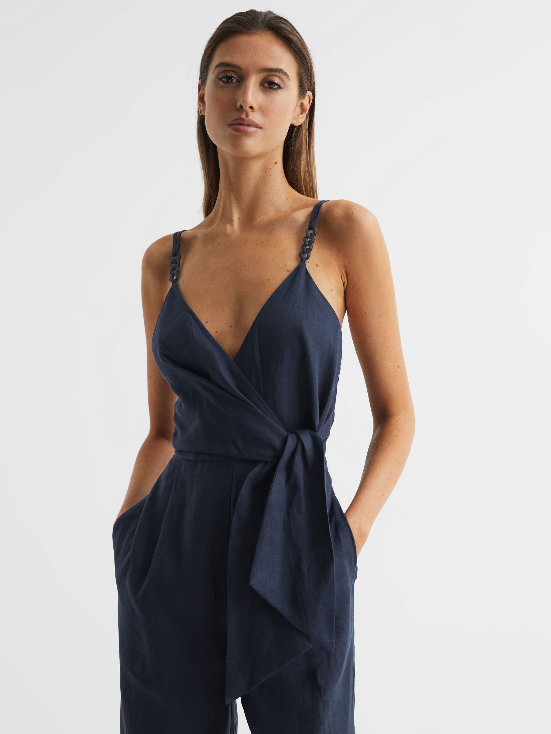 Petite VNeck Linen Jumpsuit in Navy REISS