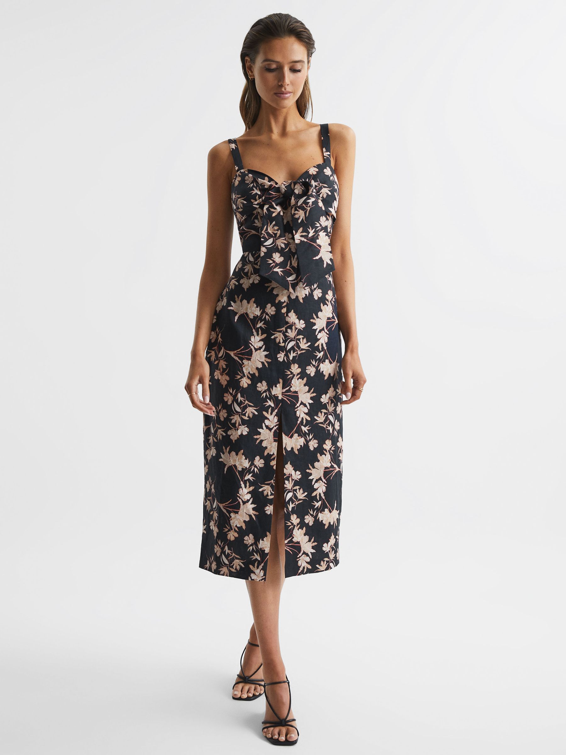 Floral Print Linen Midi Dress in Black/Blush REISS
