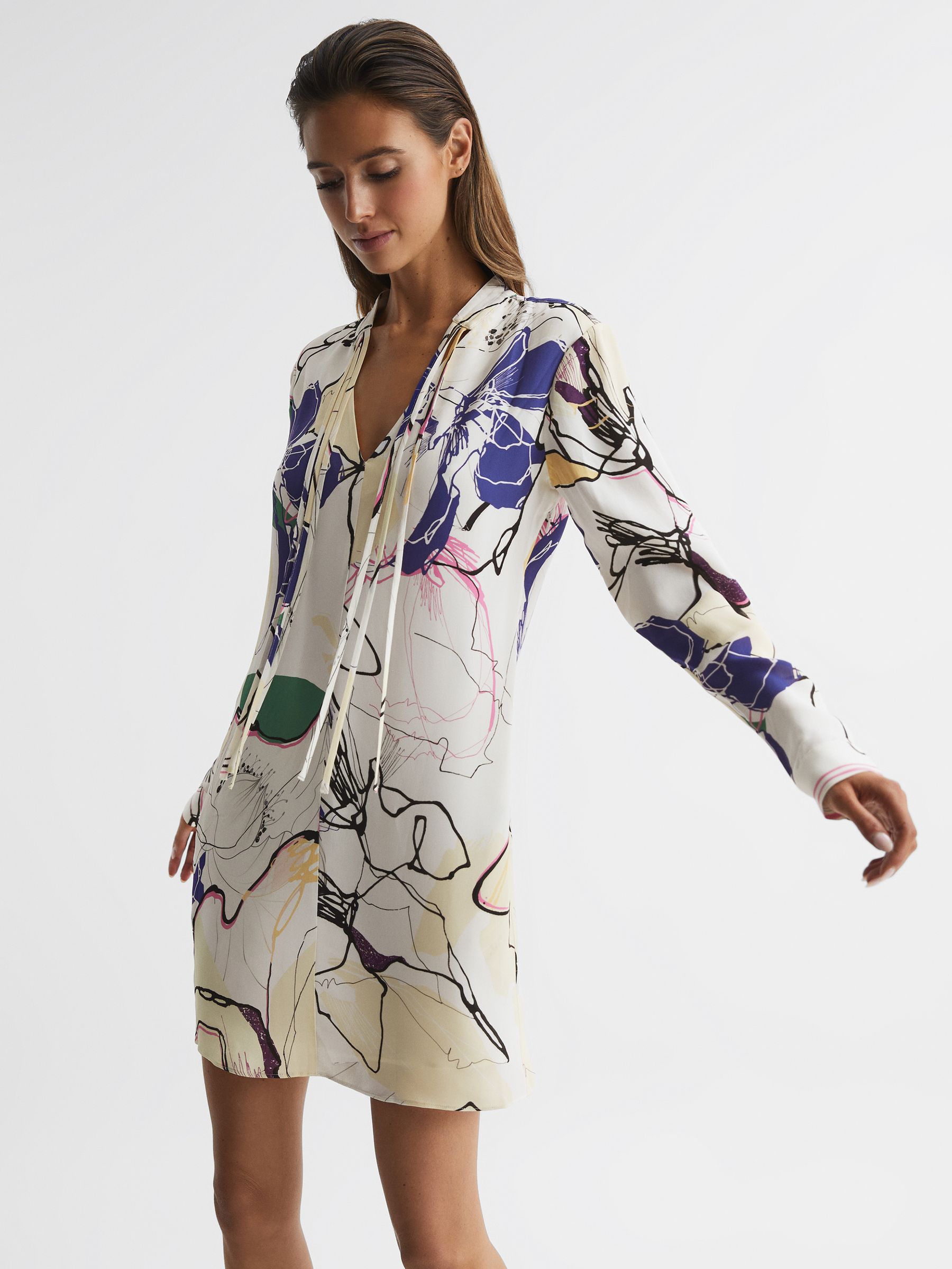 Printed Shift Dress in Ivory - REISS