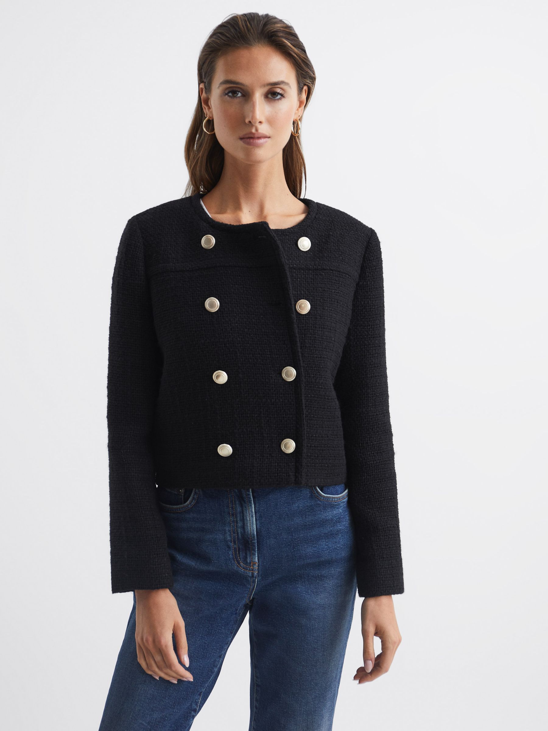 Cropped Double Breasted Jacket in Black - REISS