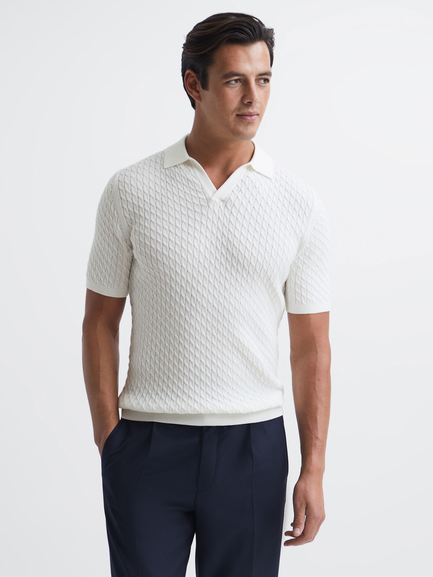 Slim Fit Cable Knit Open Collar Polo Shirt in Ecru - REISS
