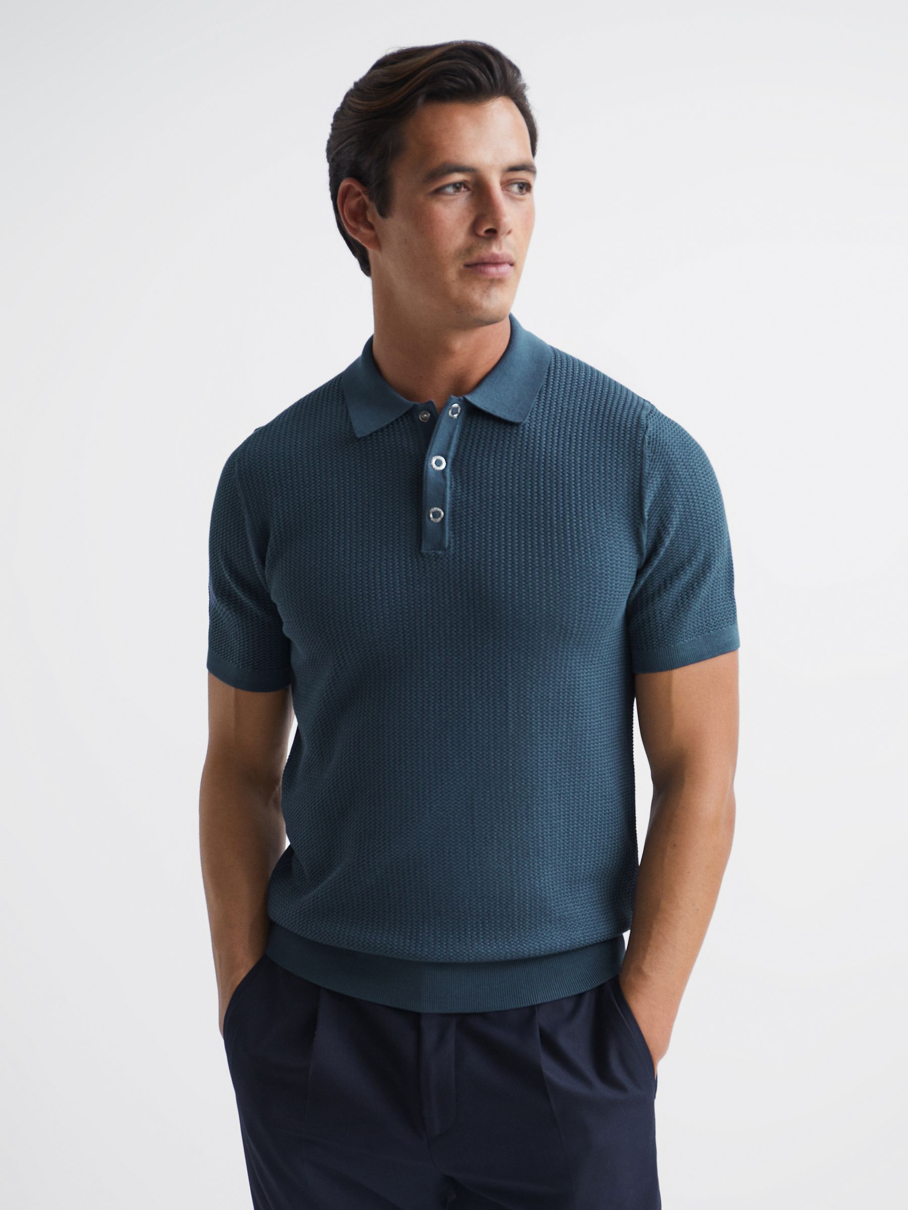 Press Stud Textured Polo Shirt in Airforce Blue - REISS