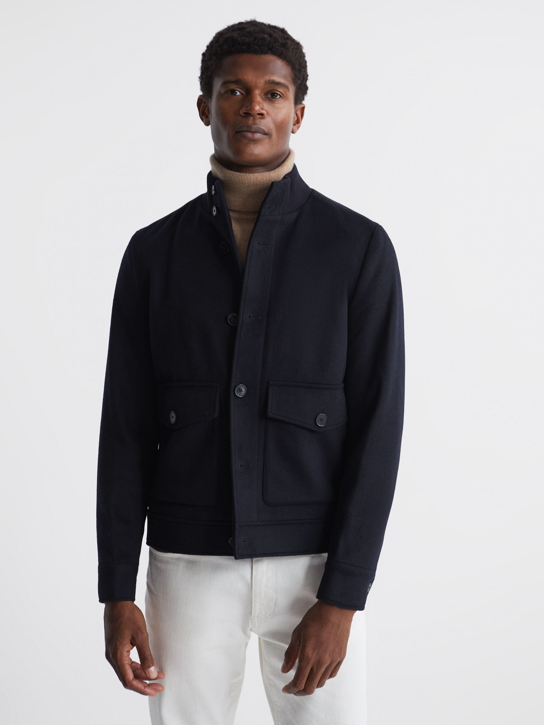 Wool Button-Through Jacket in Navy - REISS
