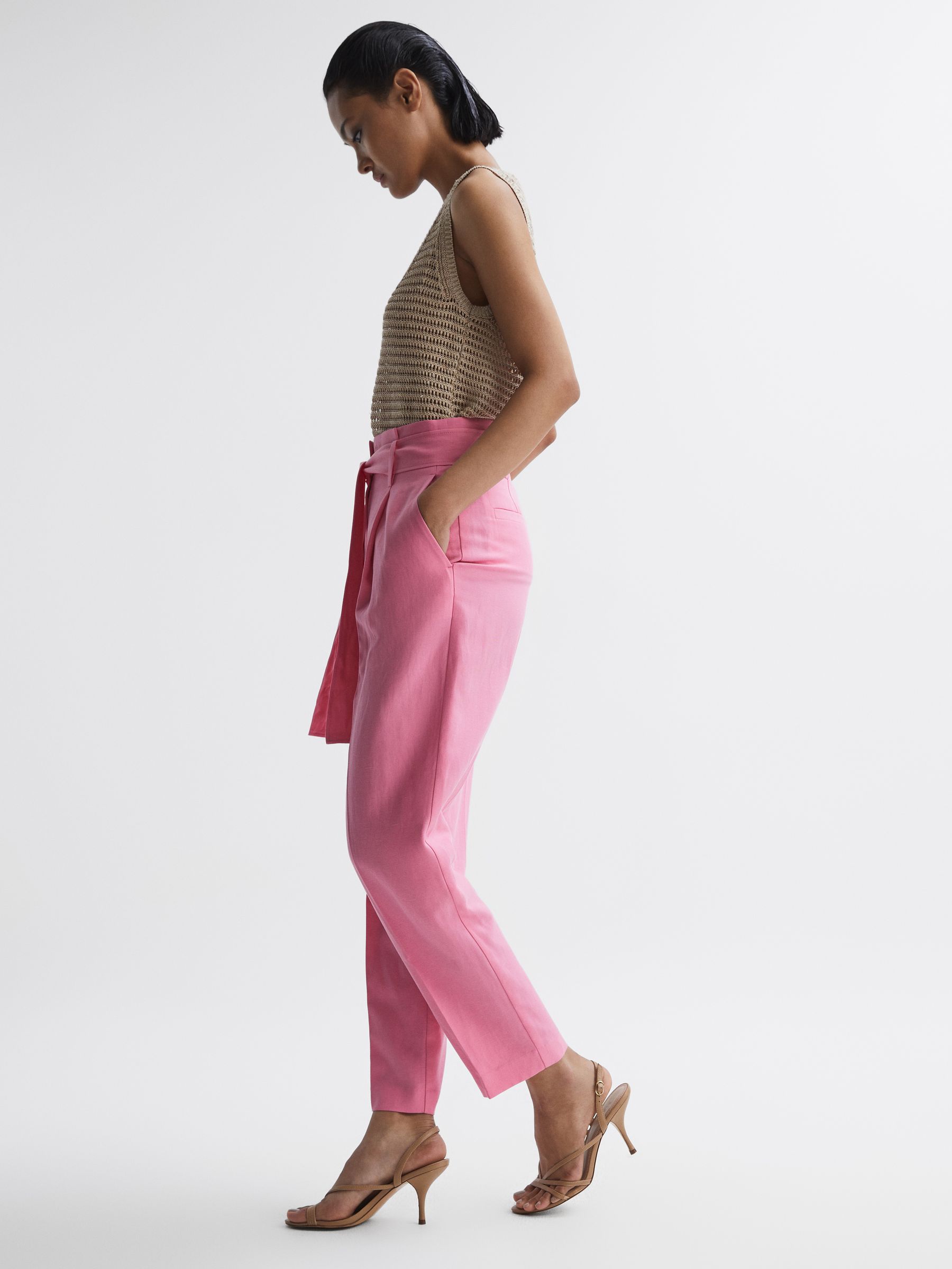 High Rise Belted Tapered Trousers in Pink - REISS