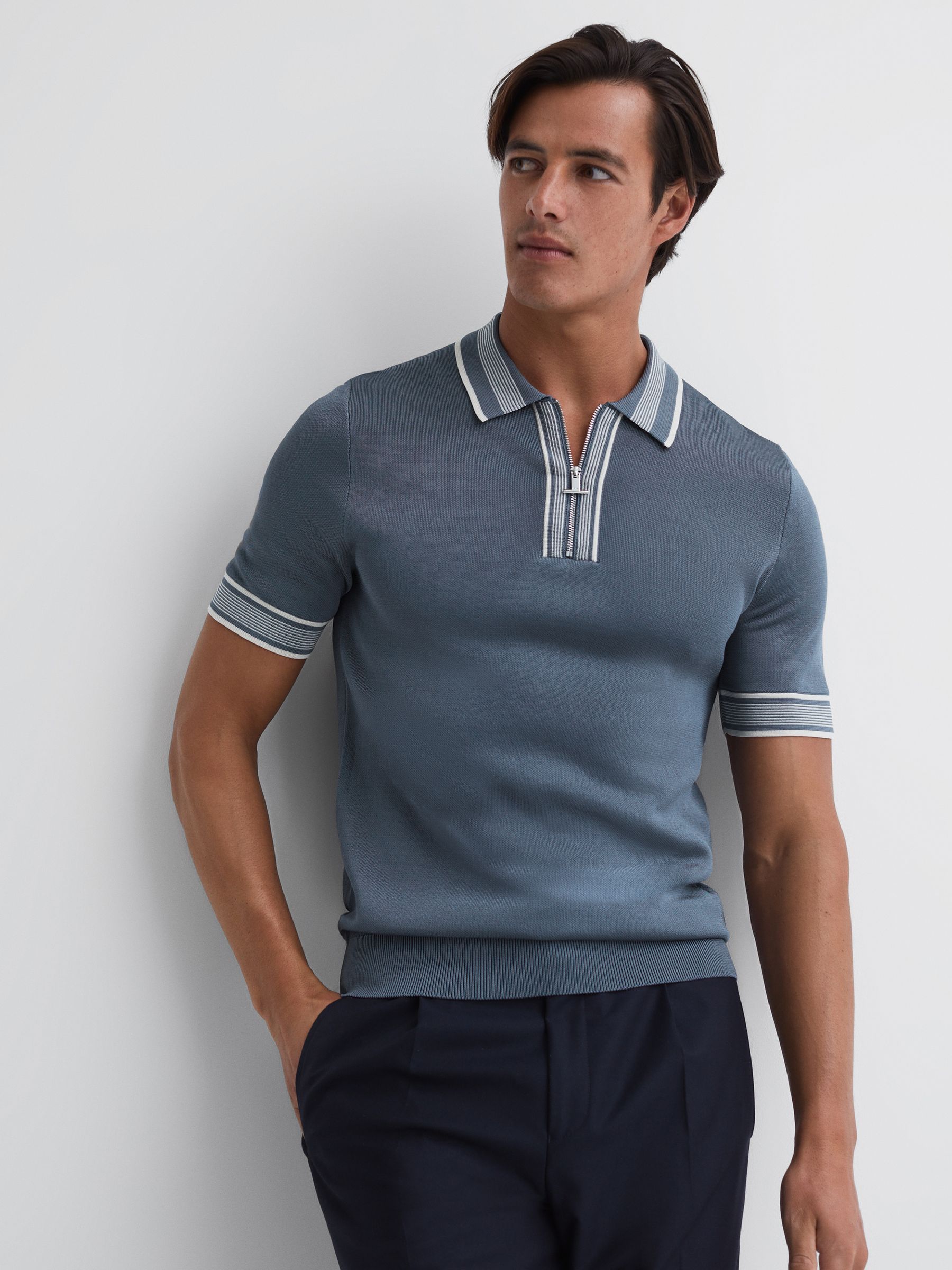 Half-Zip Striped Polo Shirt in Ashley Blue - REISS