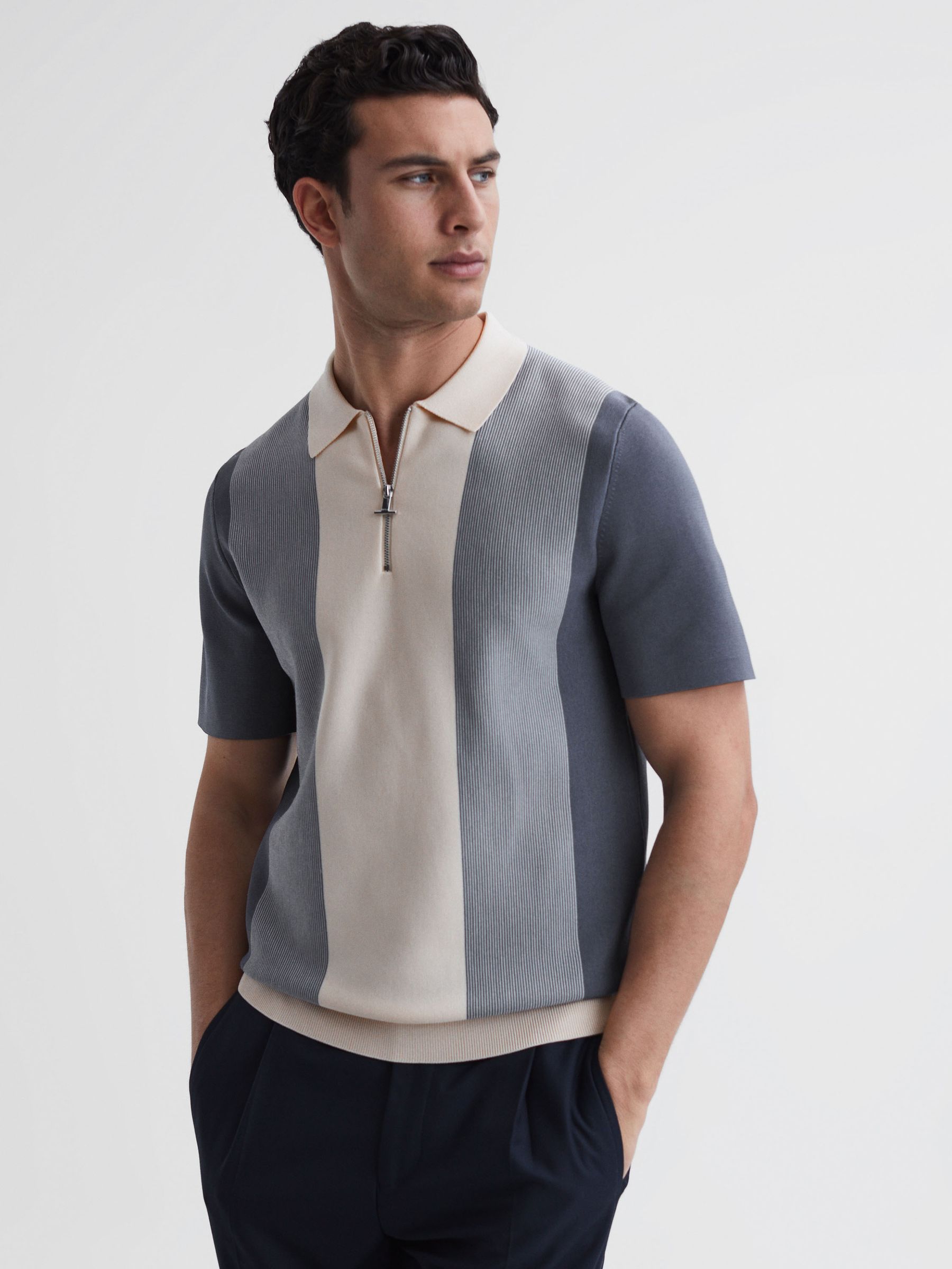 Reiss Milton Half-Zip Striped Polo T-Shirt - REISS