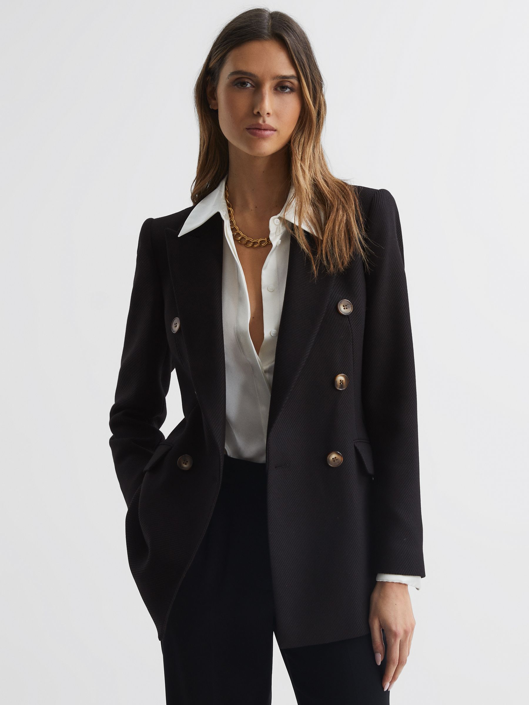 Double Breasted Twill Blazer in Black REISS