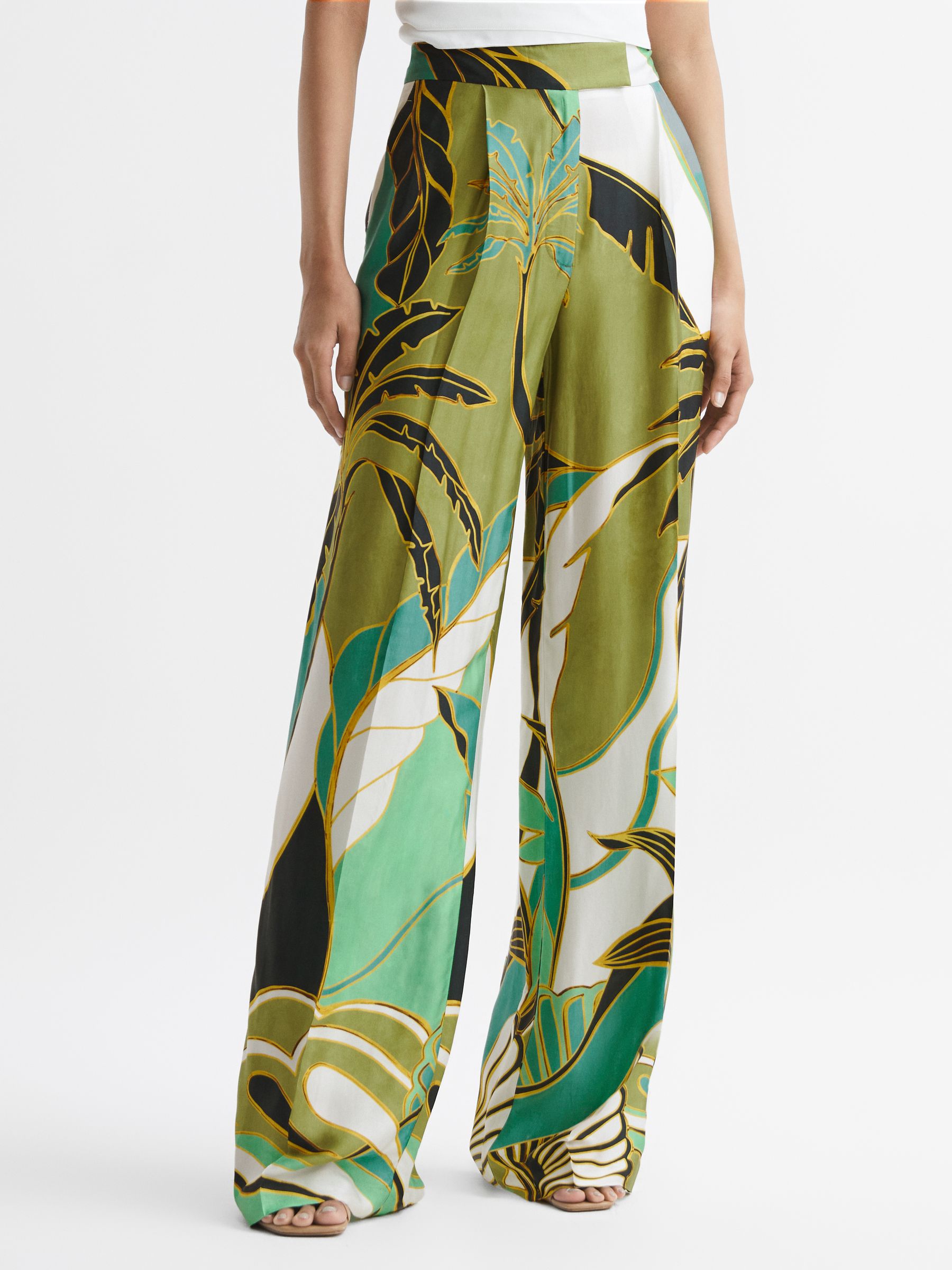 Wide Leg Mid Rise Printed Trousers in Green Print - REISS